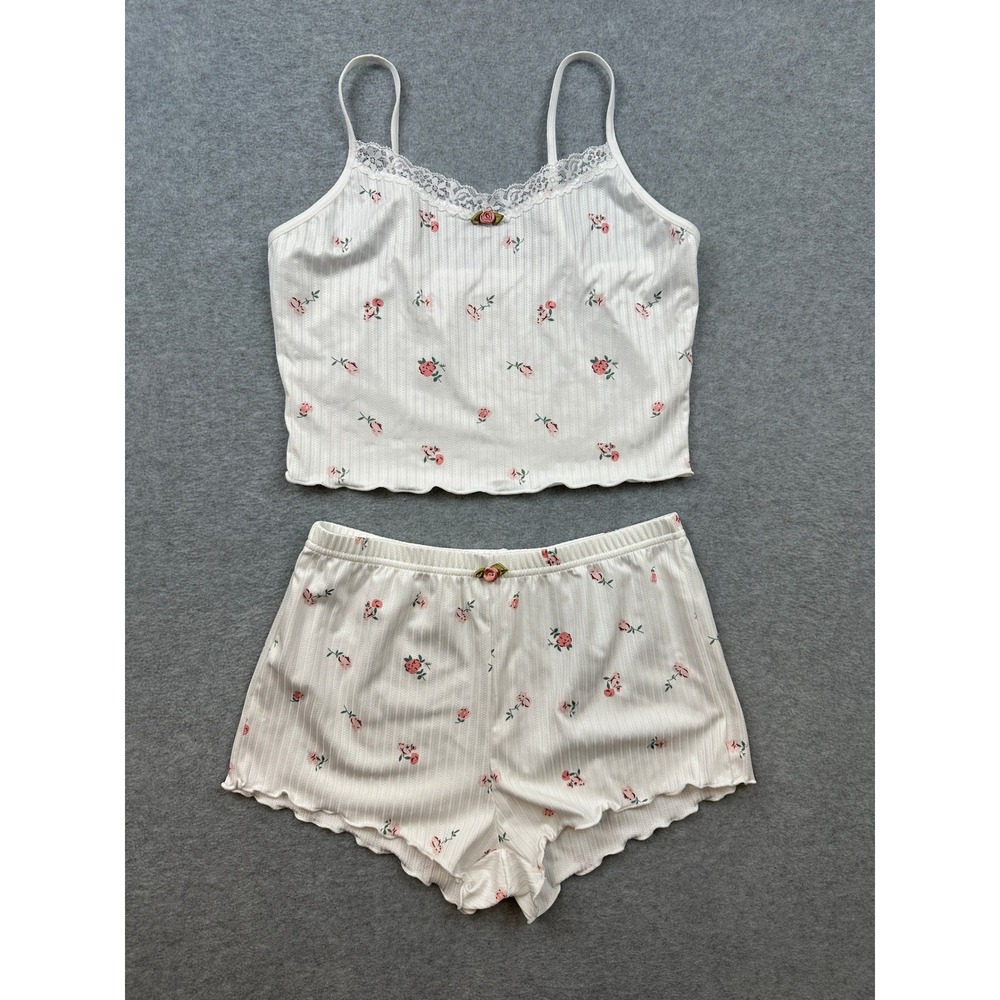 Floral Ribbed Pajama Set White Pink Rosebud Cami and Shorts Size Small